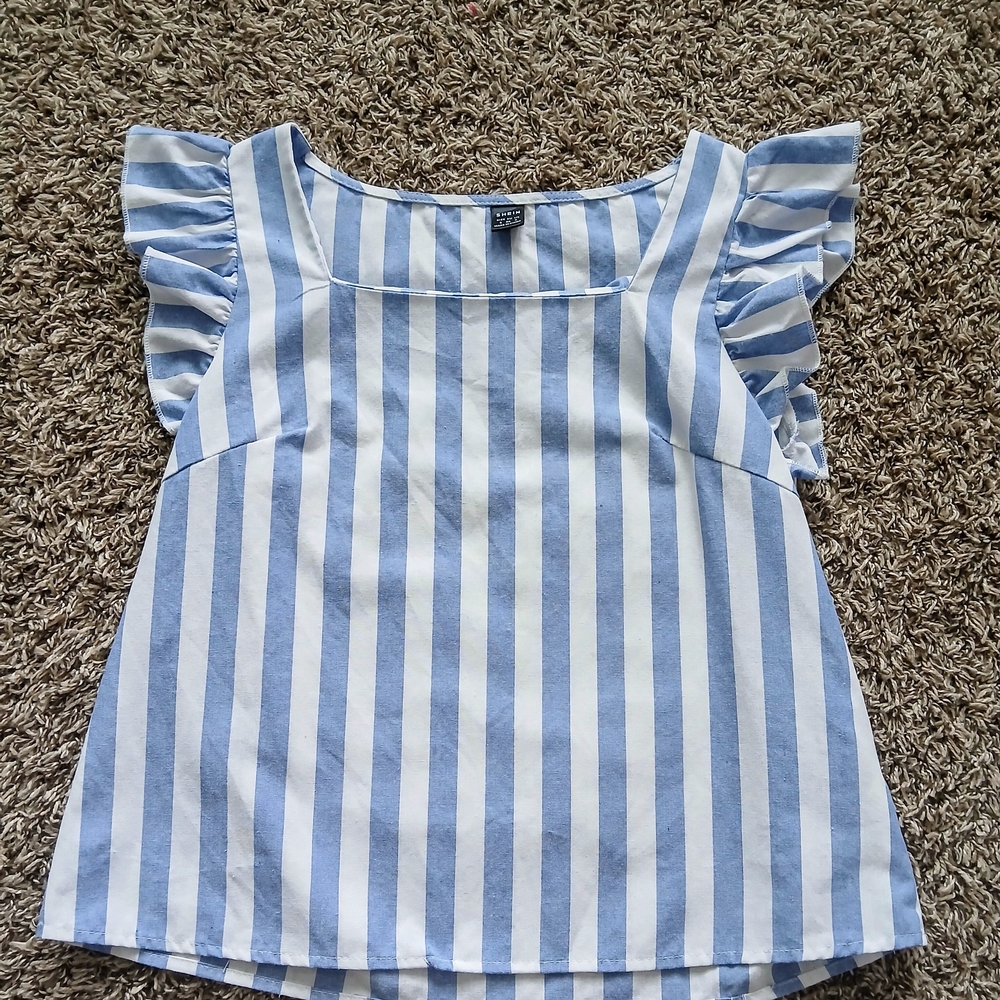 SHEIN Womens Blue and White Striped Ruffle Top